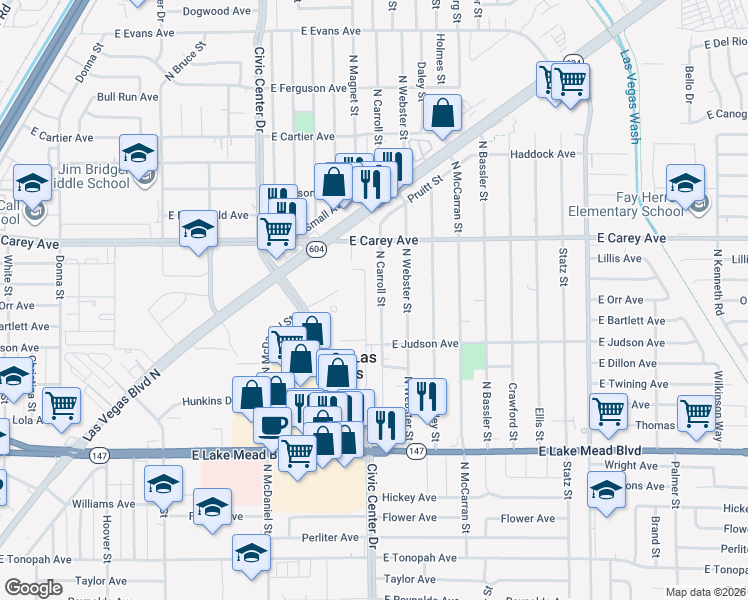 map of restaurants, bars, coffee shops, grocery stores, and more near 2239 North Carroll Street in North Las Vegas