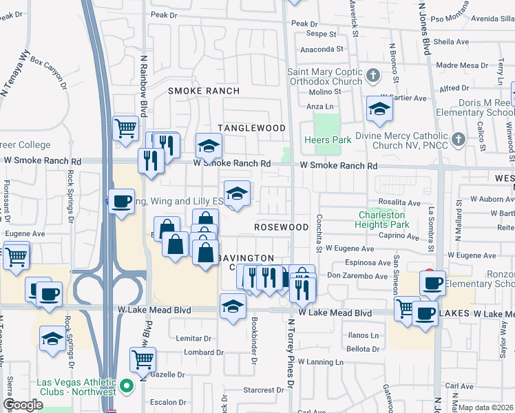 map of restaurants, bars, coffee shops, grocery stores, and more near 2212 Silver Pine Drive in Las Vegas