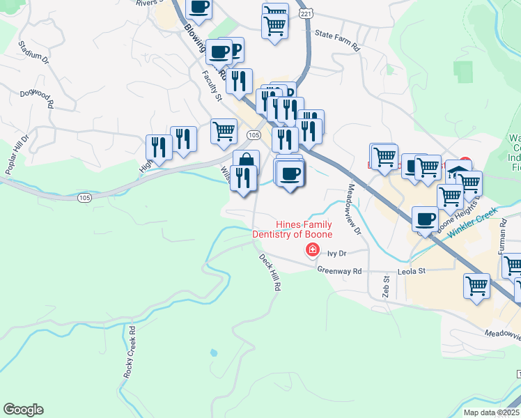 map of restaurants, bars, coffee shops, grocery stores, and more near 383 Winklers Creek Road in Boone
