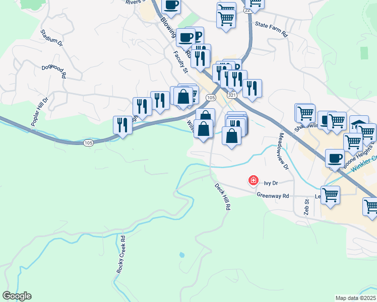 map of restaurants, bars, coffee shops, grocery stores, and more near 234 Rushing Creek Drive in Boone
