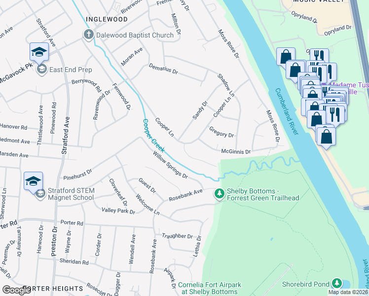 map of restaurants, bars, coffee shops, grocery stores, and more near 2310 Cooper Terrace in Nashville