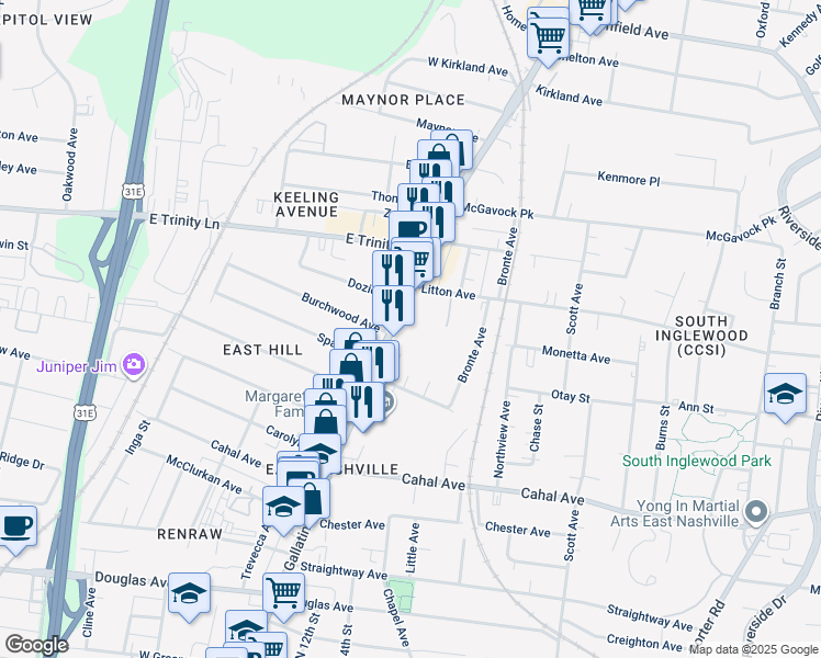 map of restaurants, bars, coffee shops, grocery stores, and more near 2814 Gallatin Pike in Nashville
