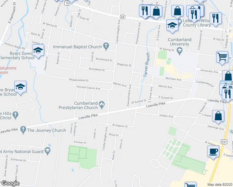 map of restaurants, bars, coffee shops, grocery stores, and more near 501a Moody Court in Lebanon