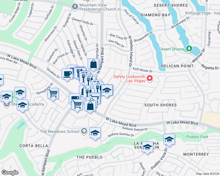 map of restaurants, bars, coffee shops, grocery stores, and more near 8360 Sheltered Valley Drive in Las Vegas