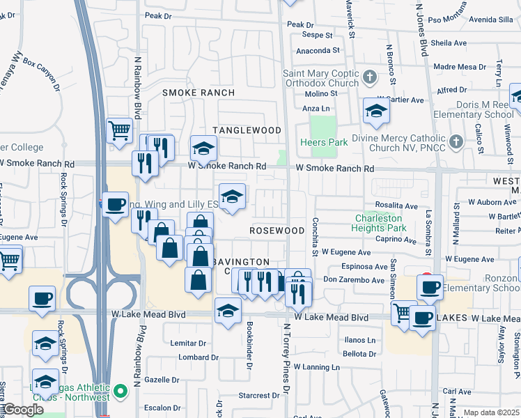 map of restaurants, bars, coffee shops, grocery stores, and more near 2221 Short Pine Drive in Las Vegas