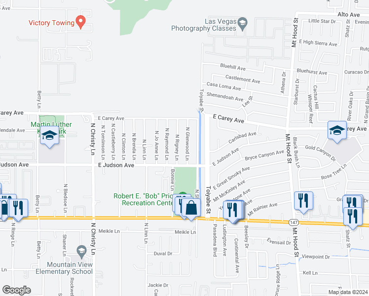 map of restaurants, bars, coffee shops, grocery stores, and more near 2241 North Glenwood Lane in Las Vegas