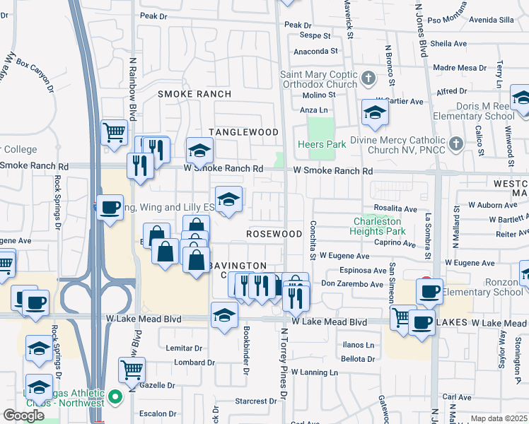 map of restaurants, bars, coffee shops, grocery stores, and more near 2225 Silver Pine Drive in Las Vegas