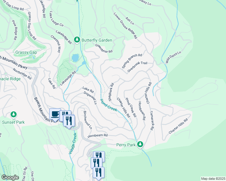 map of restaurants, bars, coffee shops, grocery stores, and more near 116 Shagbark Road in Beech Mountain
