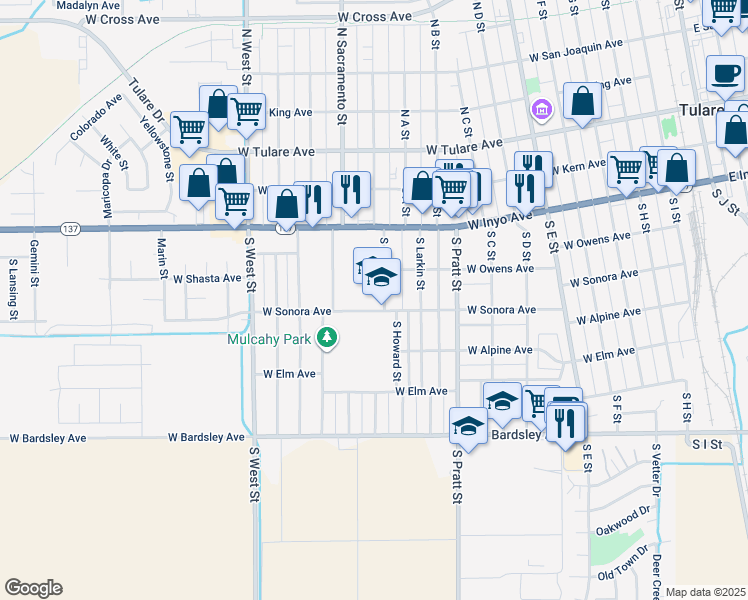 map of restaurants, bars, coffee shops, grocery stores, and more near 1046 West Sonora Avenue in Tulare