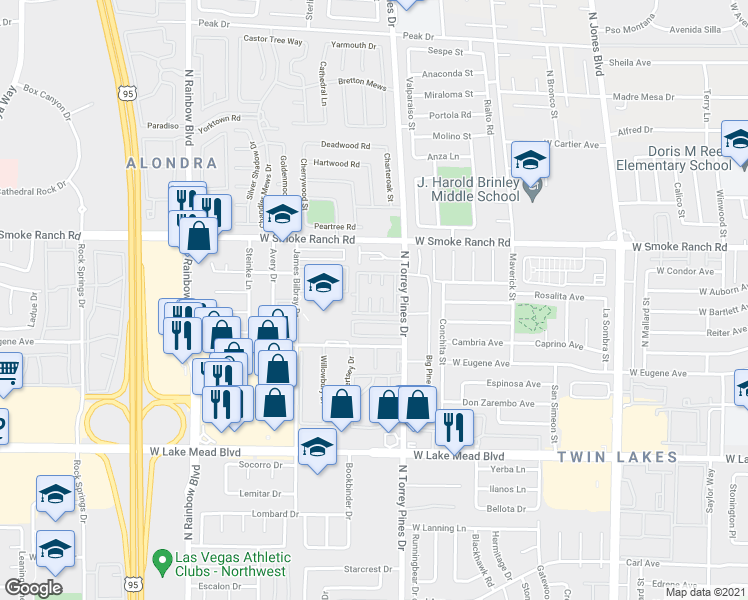 map of restaurants, bars, coffee shops, grocery stores, and more near 2225 Silver Pine Drive in Las Vegas