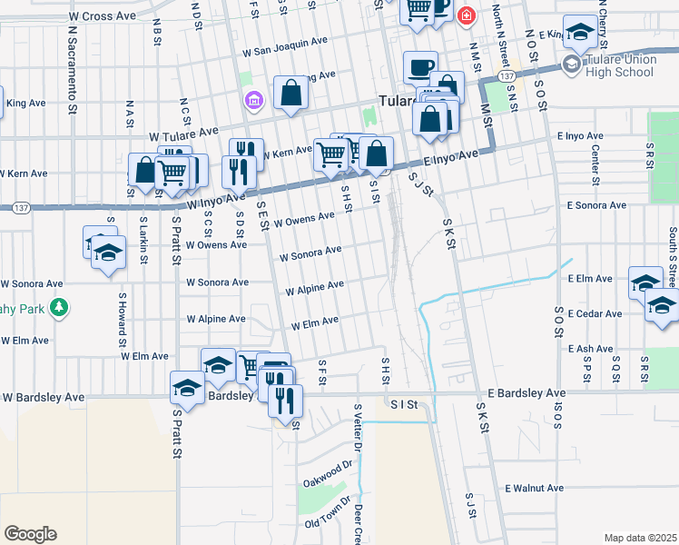 map of restaurants, bars, coffee shops, grocery stores, and more near 544 South G Street in Tulare