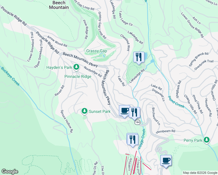map of restaurants, bars, coffee shops, grocery stores, and more near 110 Village Cluster Road in Beech Mountain