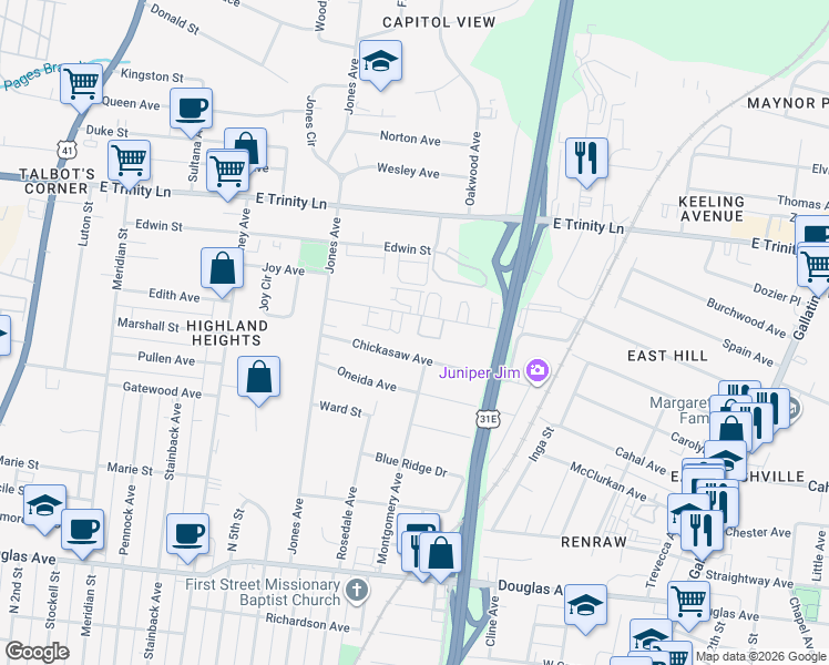 map of restaurants, bars, coffee shops, grocery stores, and more near 1130 Harmony Way in Nashville