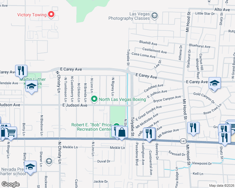 map of restaurants, bars, coffee shops, grocery stores, and more near 2241 North Glenwood Lane in Las Vegas