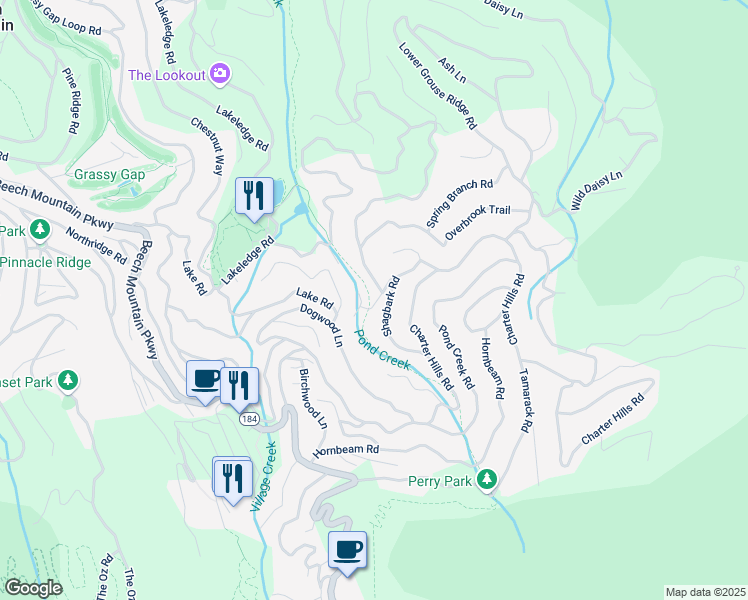 map of restaurants, bars, coffee shops, grocery stores, and more near 100 South Indian Trail in Beech Mountain