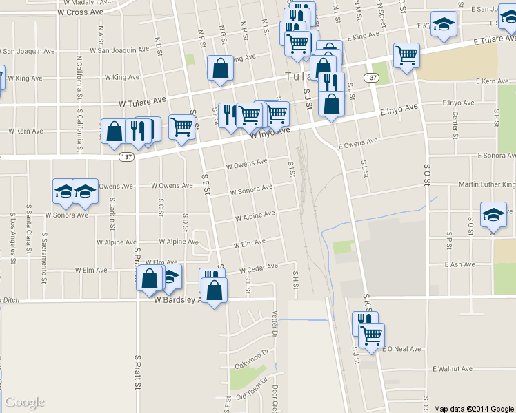 map of restaurants, bars, coffee shops, grocery stores, and more near 544 S G St in Tulare