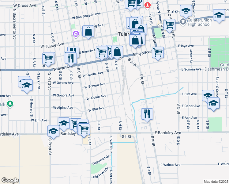 map of restaurants, bars, coffee shops, grocery stores, and more near 562 South H Street in Tulare