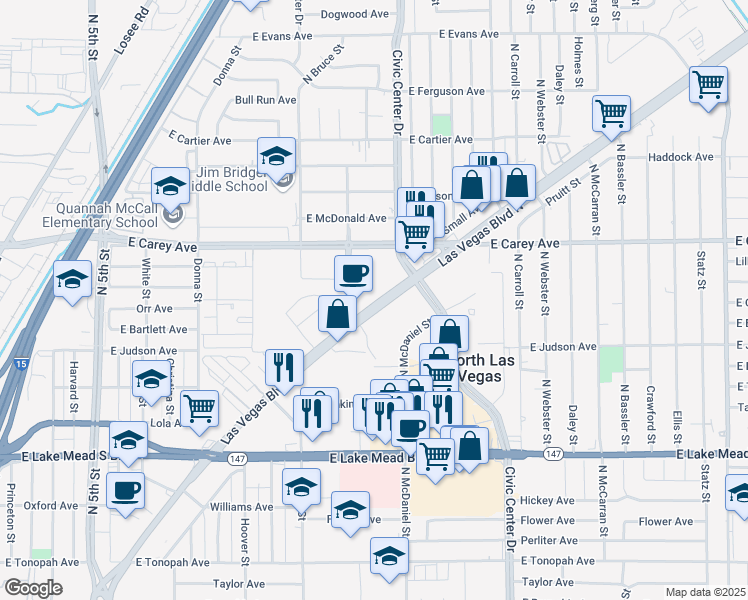 map of restaurants, bars, coffee shops, grocery stores, and more near 2255 Las Vegas Boulevard North in North Las Vegas