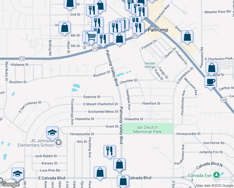 map of restaurants, bars, coffee shops, grocery stores, and more near 1250 Pahrump Valley Boulevard in Pahrump