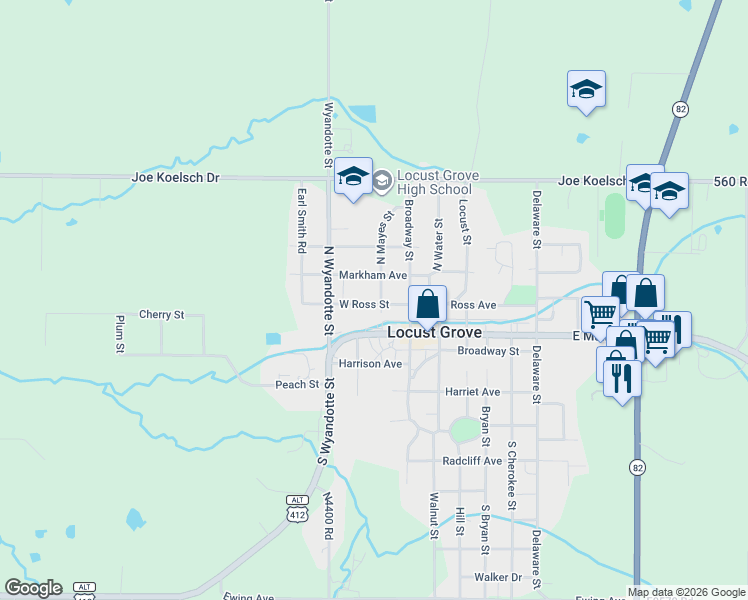 map of restaurants, bars, coffee shops, grocery stores, and more near 121 North Mayes Street in Locust Grove
