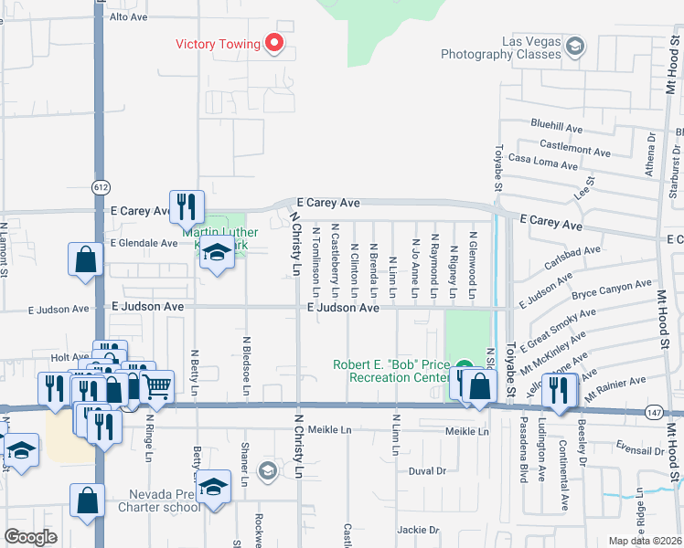 map of restaurants, bars, coffee shops, grocery stores, and more near 2237 North Castleberry Lane in Las Vegas