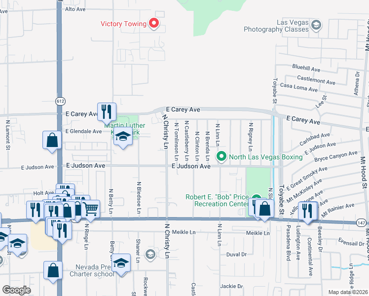 map of restaurants, bars, coffee shops, grocery stores, and more near 2237 North Castleberry Lane in Las Vegas