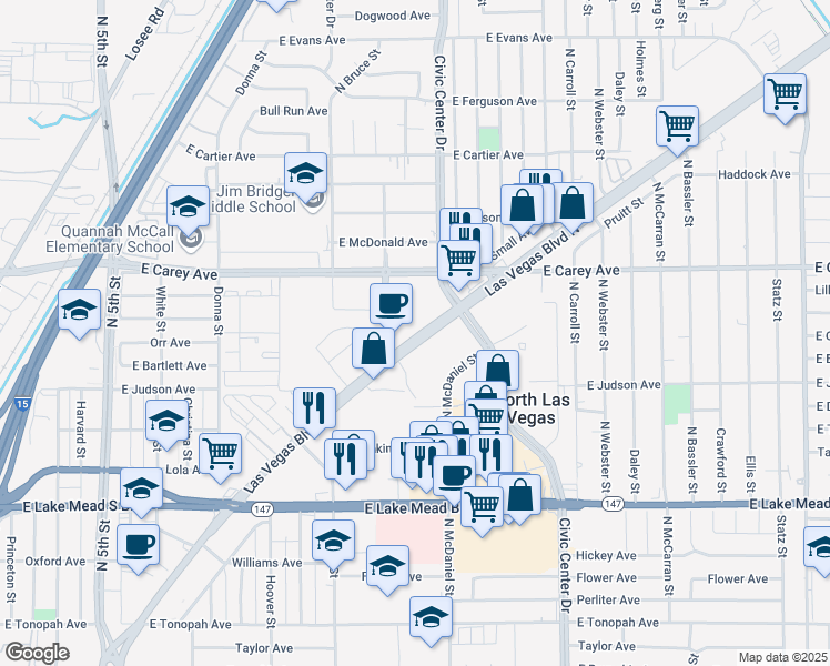 map of restaurants, bars, coffee shops, grocery stores, and more near 2250 Las Vegas Boulevard North in North Las Vegas