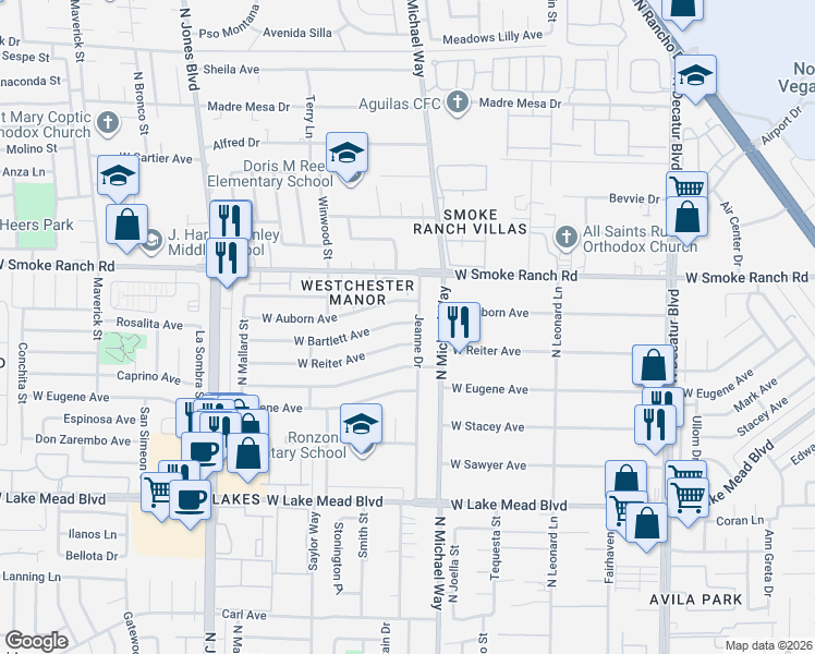 map of restaurants, bars, coffee shops, grocery stores, and more near 5508 West Reiter Avenue in Las Vegas