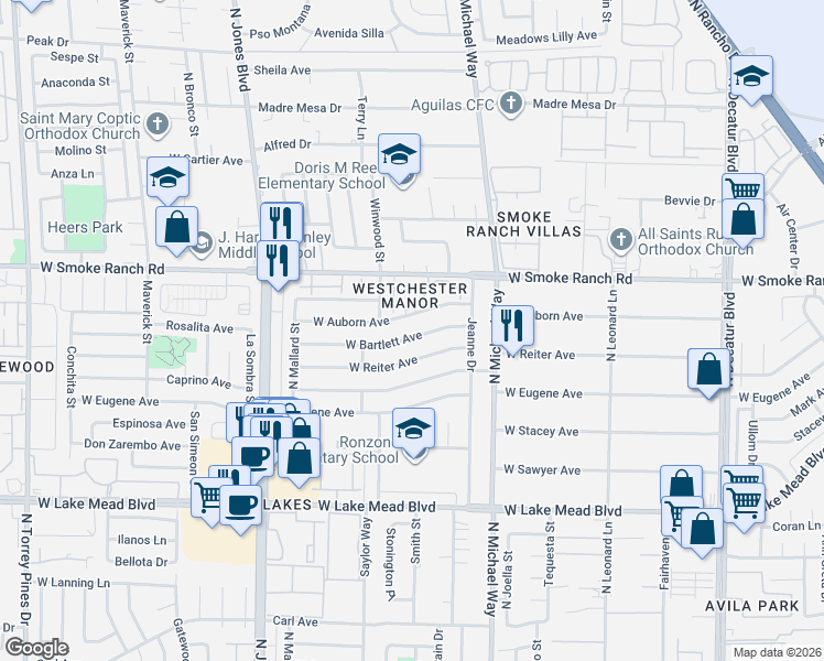 map of restaurants, bars, coffee shops, grocery stores, and more near 5613 West Bartlett Avenue in Las Vegas