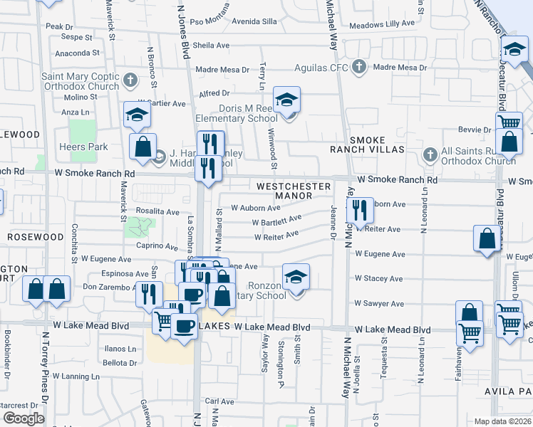map of restaurants, bars, coffee shops, grocery stores, and more near 5708 West Bartlett Avenue in Las Vegas