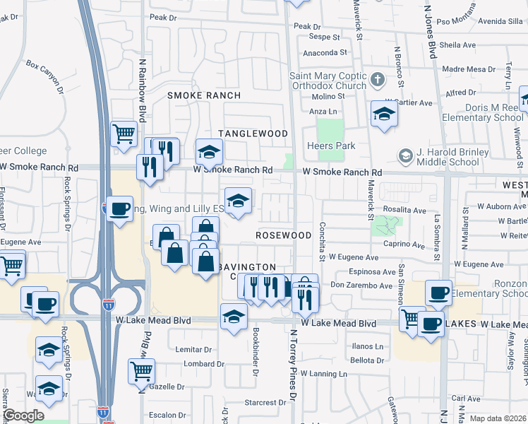 map of restaurants, bars, coffee shops, grocery stores, and more near 2212 Silver Pine Drive in Las Vegas