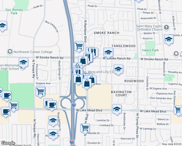 map of restaurants, bars, coffee shops, grocery stores, and more near 2230 North Rainbow Boulevard in Las Vegas