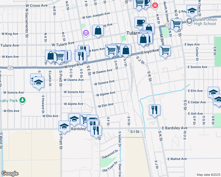 map of restaurants, bars, coffee shops, grocery stores, and more near 560 South G Street in Tulare