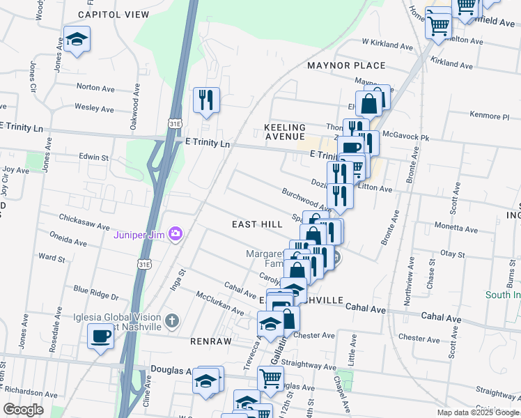 map of restaurants, bars, coffee shops, grocery stores, and more near 923A Delmas Avenue in Nashville
