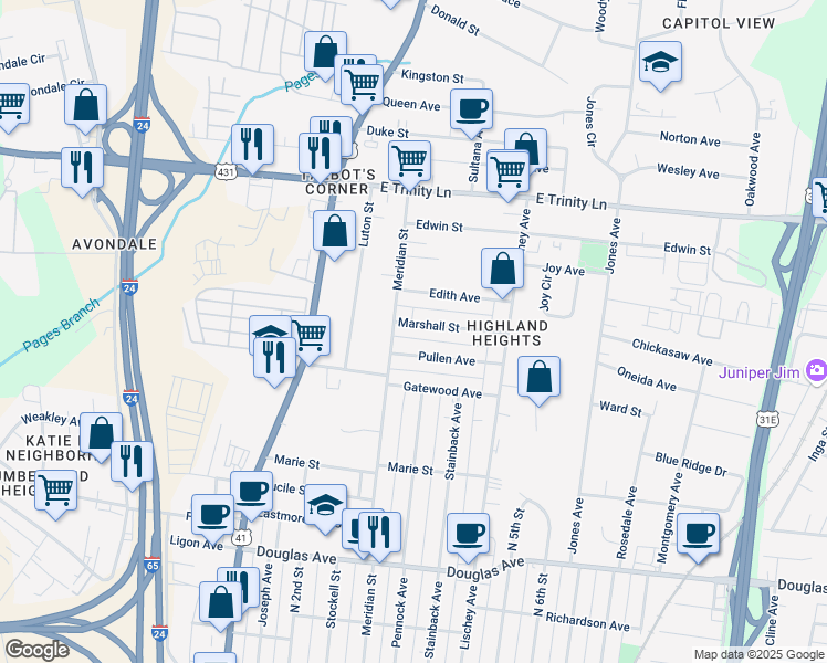 map of restaurants, bars, coffee shops, grocery stores, and more near 1519 Meridian Street in Nashville