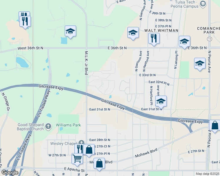 map of restaurants, bars, coffee shops, grocery stores, and more near Gilcrease Expressway in Tulsa