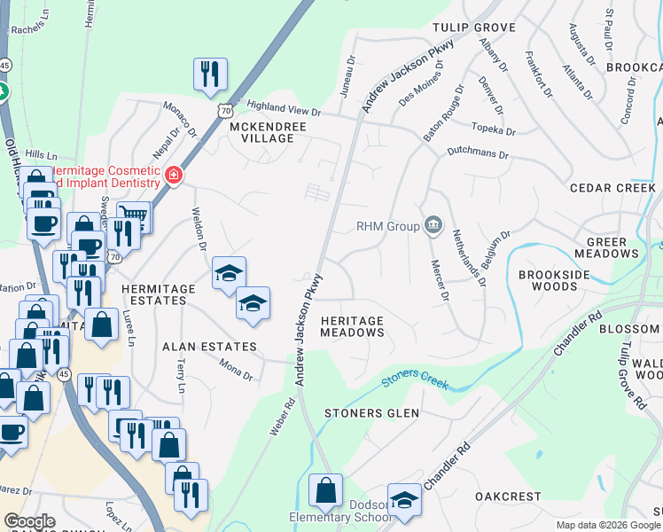 map of restaurants, bars, coffee shops, grocery stores, and more near 1004 Rachels Square Drive in Nashville