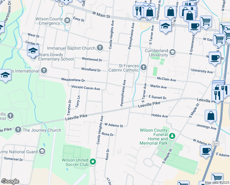 map of restaurants, bars, coffee shops, grocery stores, and more near 615 Moody Court in Lebanon