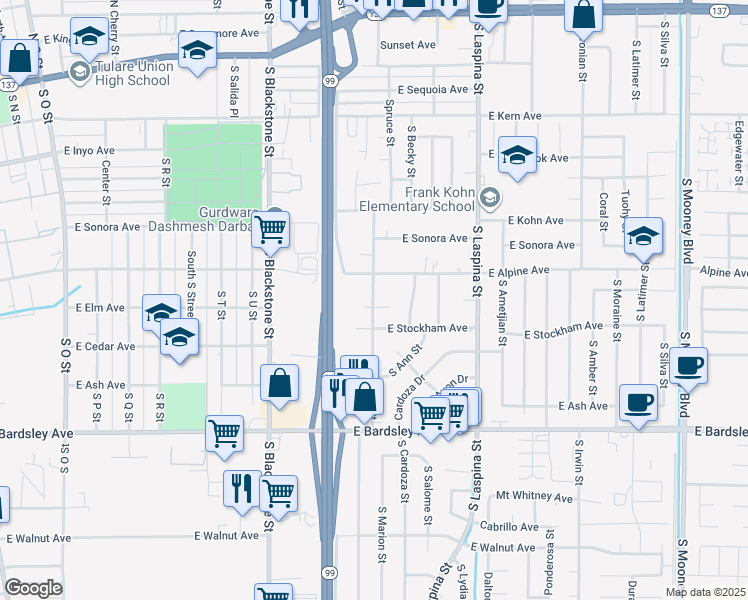 map of restaurants, bars, coffee shops, grocery stores, and more near 1400 Colleen Court in Tulare
