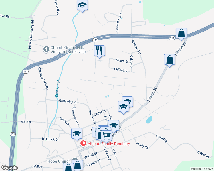 map of restaurants, bars, coffee shops, grocery stores, and more near 265 Durant Street in Cookeville