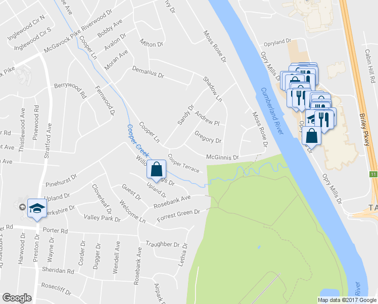 map of restaurants, bars, coffee shops, grocery stores, and more near 2404 McGinnis Drive in Nashville
