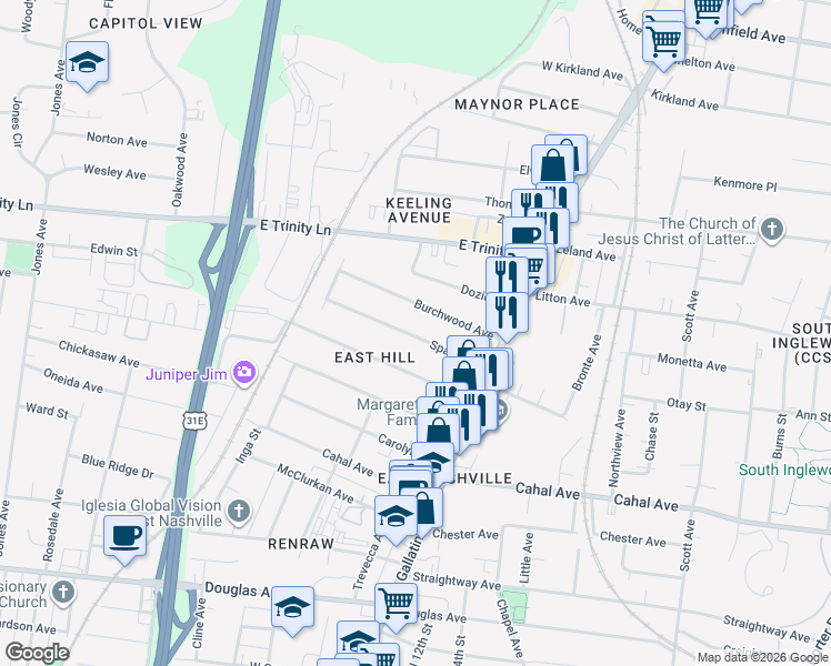 map of restaurants, bars, coffee shops, grocery stores, and more near 938C Spain Avenue in Nashville