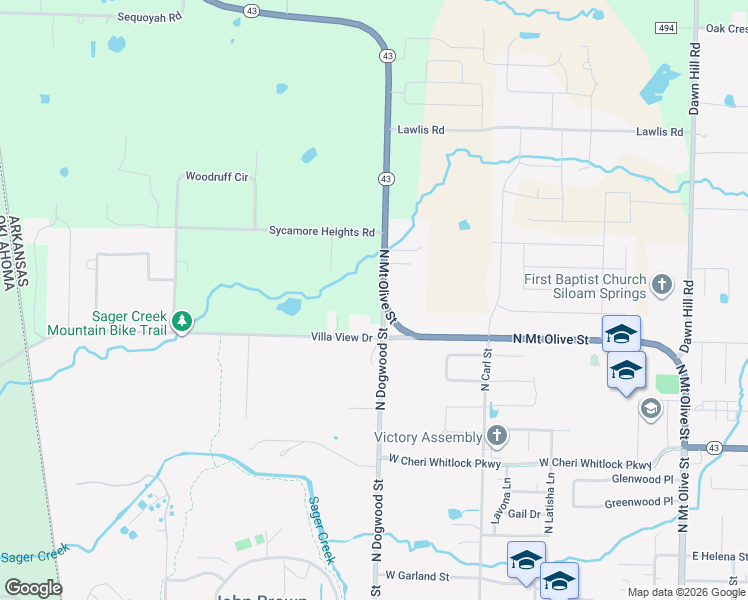 map of restaurants, bars, coffee shops, grocery stores, and more near 1950 North Dogwood Street in Siloam Springs