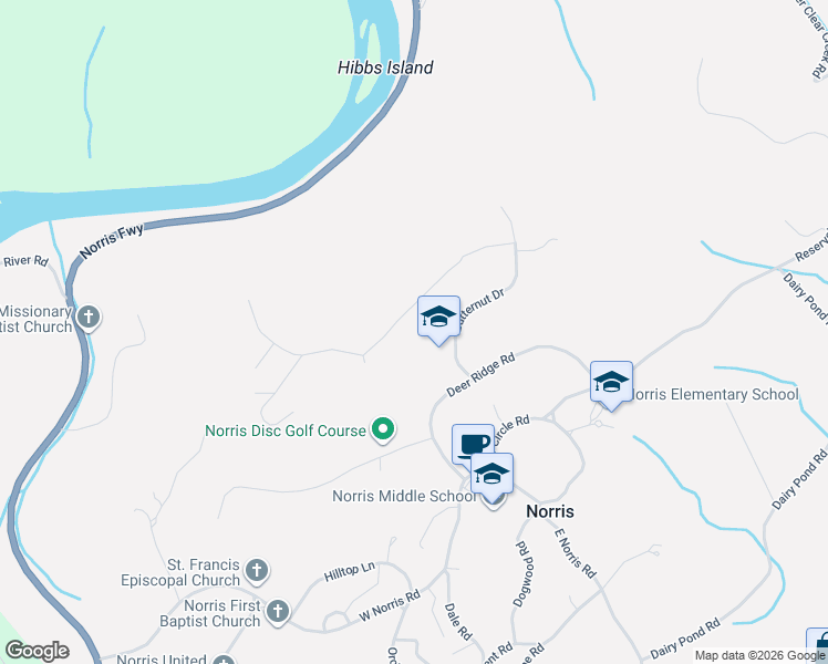 map of restaurants, bars, coffee shops, grocery stores, and more near 51 Hickory Trail in Norris