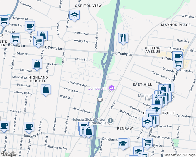 map of restaurants, bars, coffee shops, grocery stores, and more near 838 Cherokee Avenue in Nashville