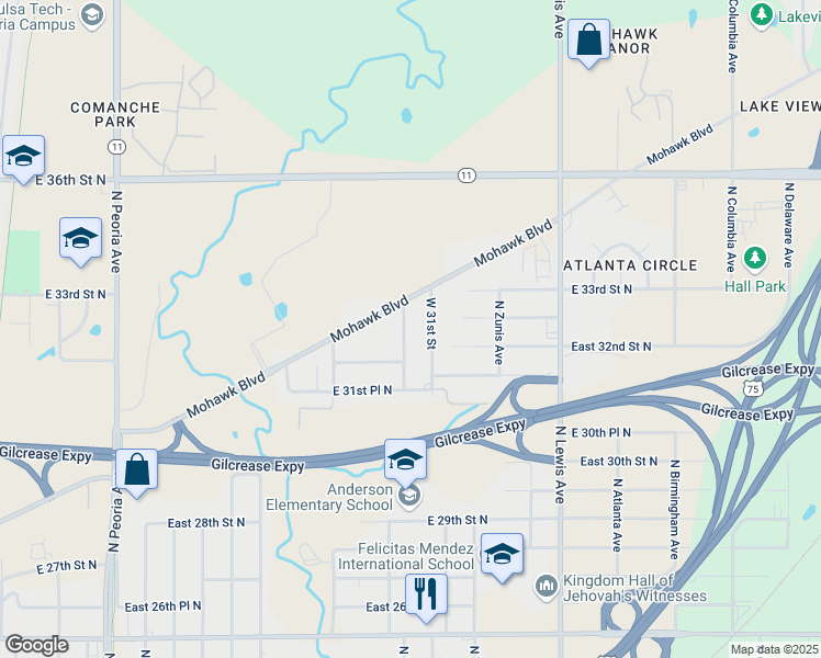 map of restaurants, bars, coffee shops, grocery stores, and more near 3229 North Wheeling Place in Tulsa