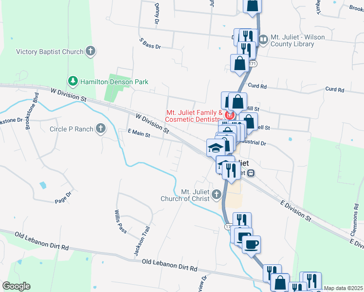 map of restaurants, bars, coffee shops, grocery stores, and more near 101 Hickory Station Lane in Mt. Juliet