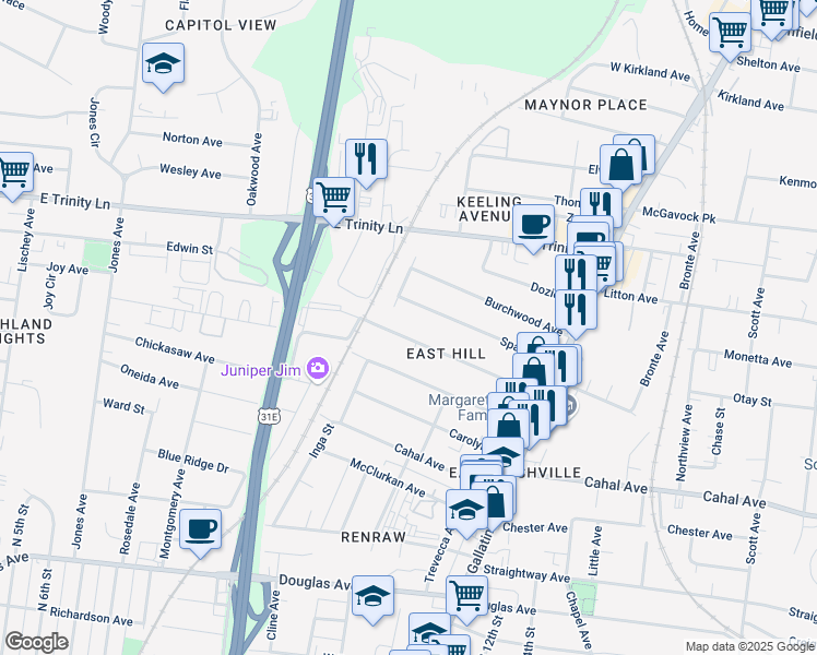 map of restaurants, bars, coffee shops, grocery stores, and more near 909B Delmas Avenue in Nashville