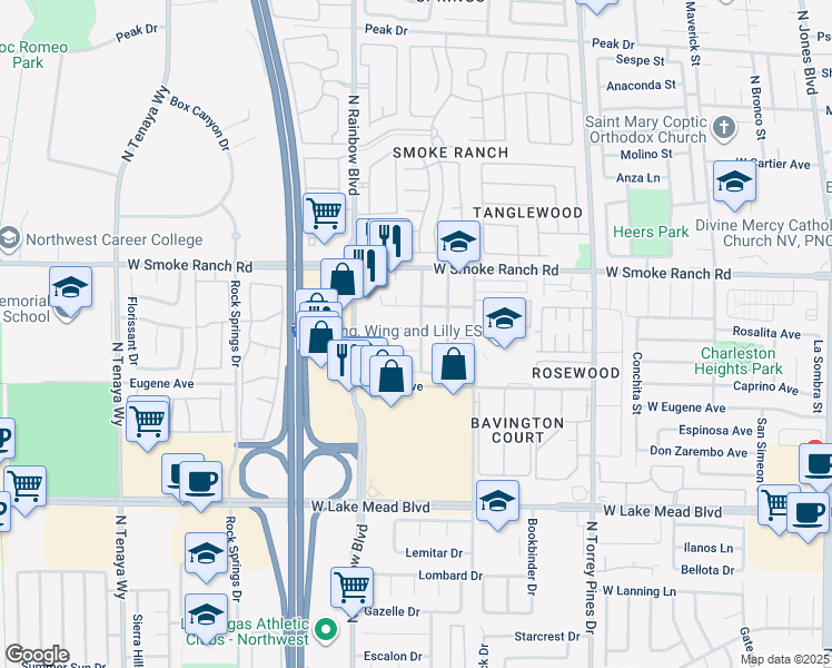 map of restaurants, bars, coffee shops, grocery stores, and more near 6601 Genevieve Court in Las Vegas