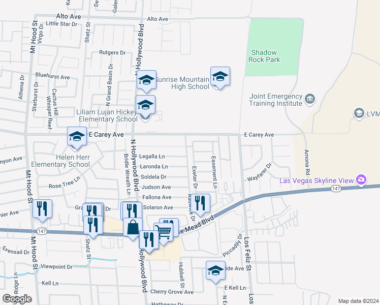 map of restaurants, bars, coffee shops, grocery stores, and more near 2341 Exeter Drive in Las Vegas